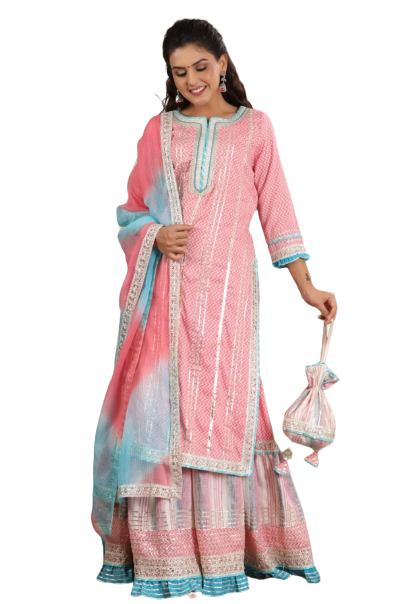 Gotta Patti Sharara Set with Potli- Pink