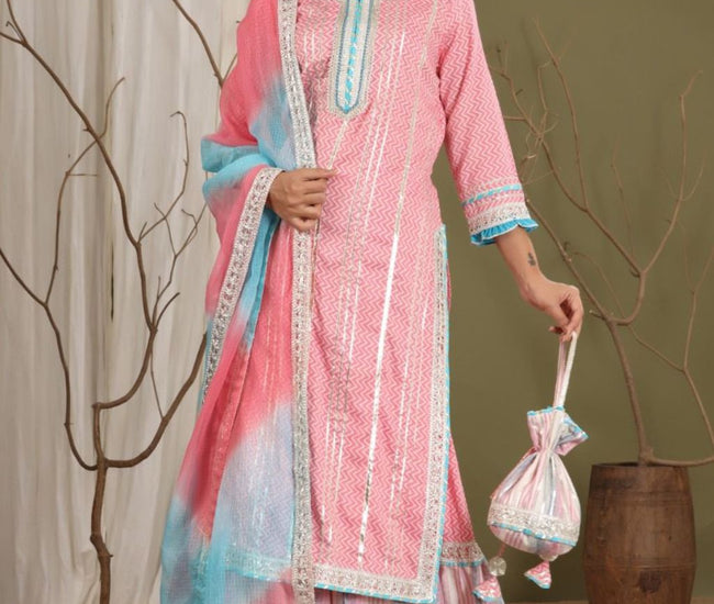 Gotta Patti Sharara Set with Potli- Pink