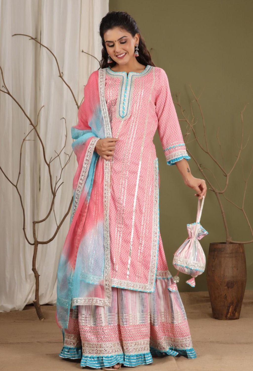 Gotta Patti Sharara Set with Potli- Pink