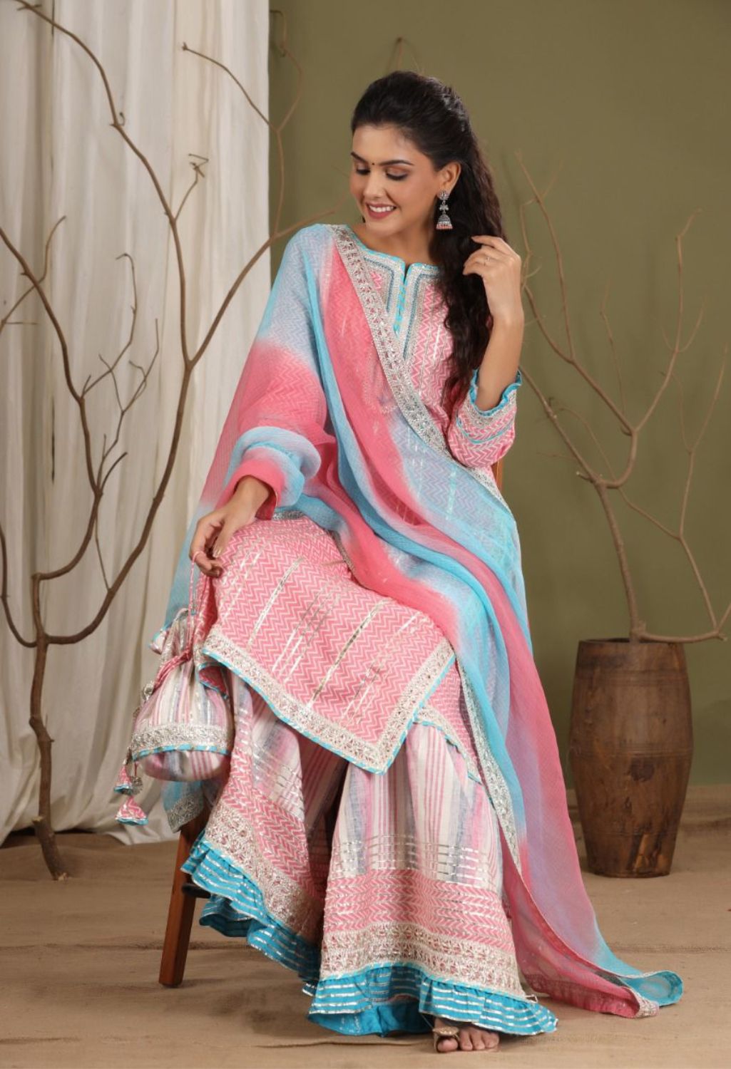 Gotta Patti Sharara Set with Potli- Pink