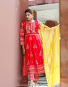 Anarkali Style Mirror Work Over Floral red Suit with Yellow duppata