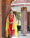 Anarkali Style Mirror Work Over Floral red Suit with Yellow duppata