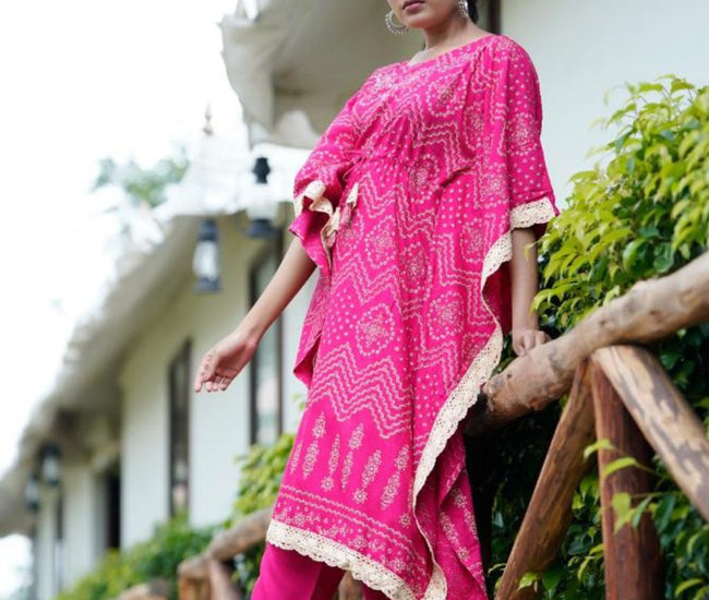 Kaftan Set with Pant, Cotton , Color Jaipuri Hot Pink