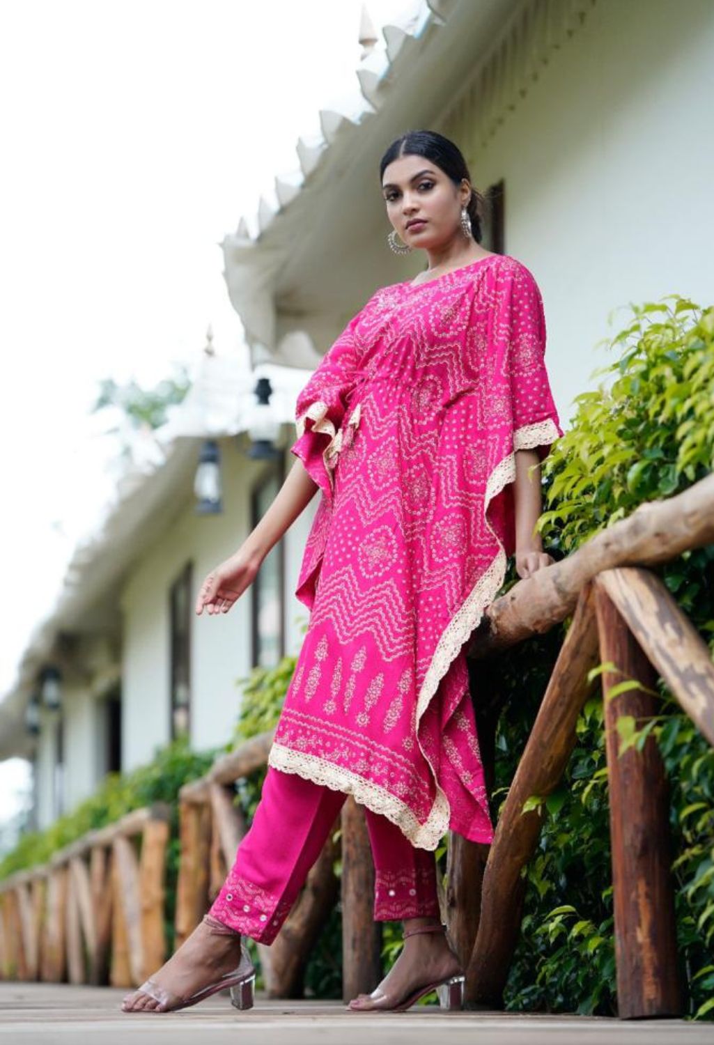 Kaftan Set with Pant, Cotton , Color Jaipuri Hot Pink