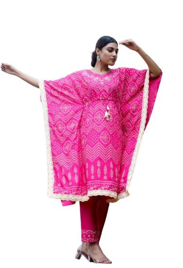 Kaftan Set with Pant, Cotton , Color Jaipuri Hot Pink