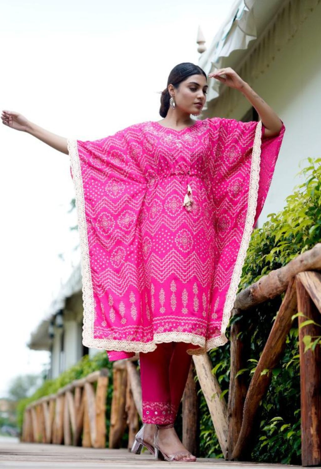 Kaftan Set with Pant, Cotton , Color Jaipuri Hot Pink