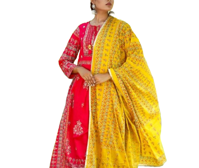 Anarkali Style Mirror Work Over Floral red Suit with Yellow duppata