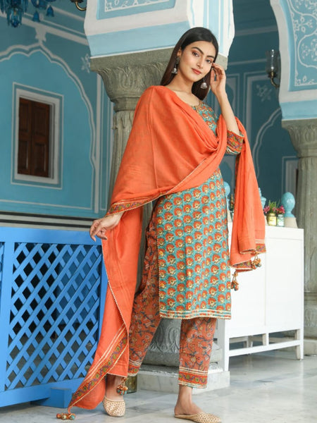 Geometric Print Straight Solid Kurta, Palazzo & Dupatta Set