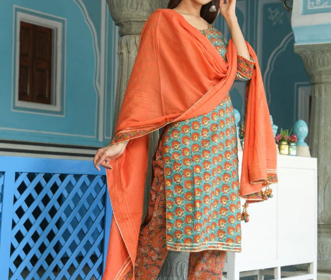 Geometric Print Straight Solid Kurta, Palazzo & Dupatta Set