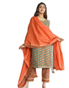 Geometric Print Straight Solid Kurta, Palazzo & Dupatta Set