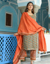 Geometric Print Straight Solid Kurta, Palazzo & Dupatta Set