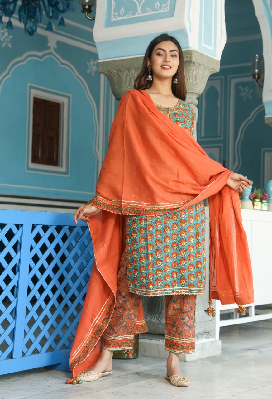 Geometric Print Straight Solid Kurta, Palazzo & Dupatta Set