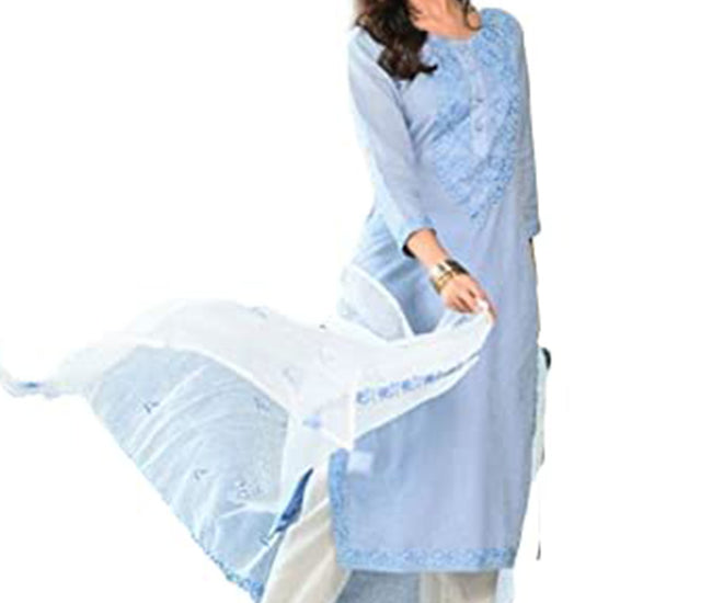 Blue Kurta with White Pant & Dupatta