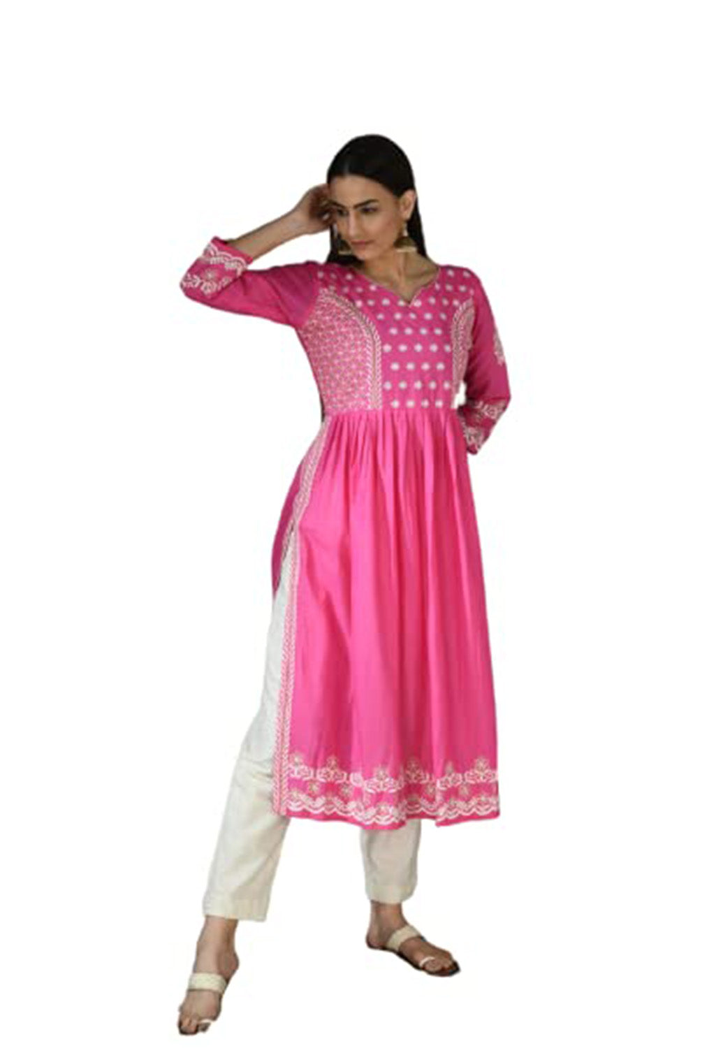 Stitched A-line Pure Cotton Kurta Pant Set Pink & Beige