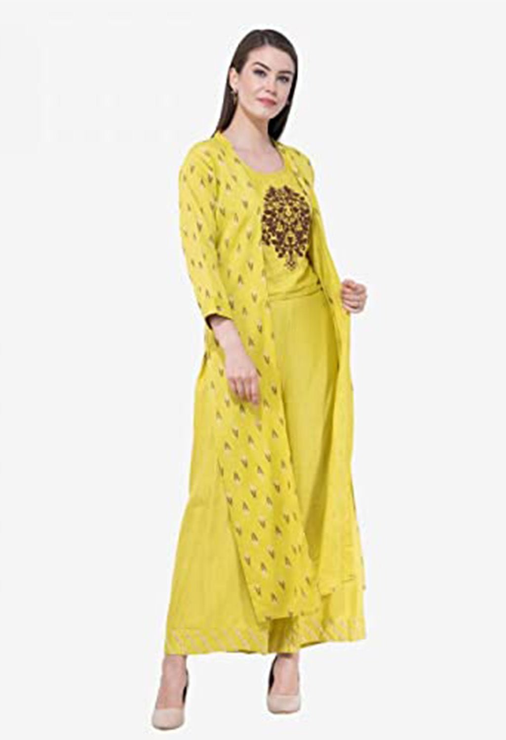Yellow Cotton 3 Set Suit with Crop TOP Plazzo & Long Shrug