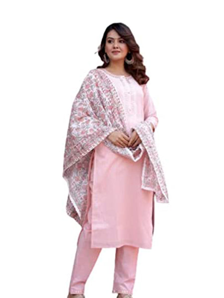 Embroidered Printed Cotton Mirror Work Kurta Set