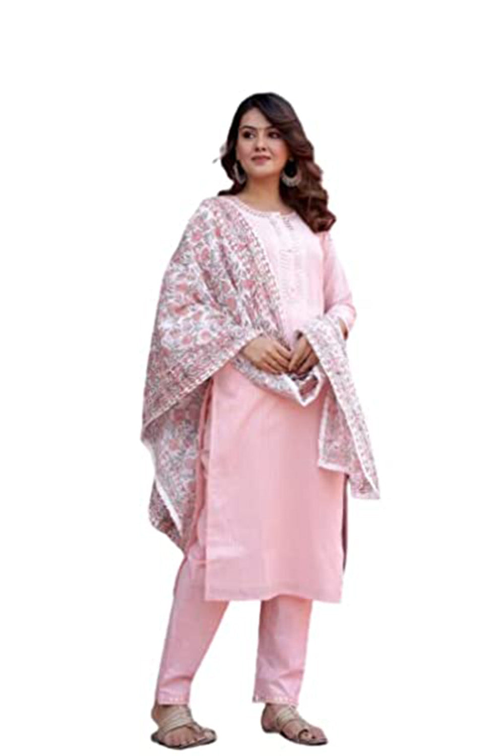 Embroidered Printed Cotton Mirror Work Kurta Set