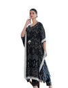 Printed Knee-Length Kaftan Set with Fitted Pants, Black