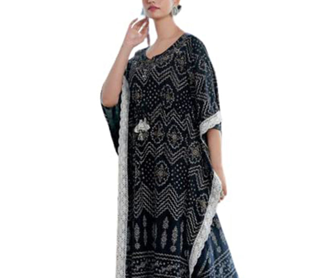 Printed Knee-Length Kaftan Set with Fitted Pants, Black