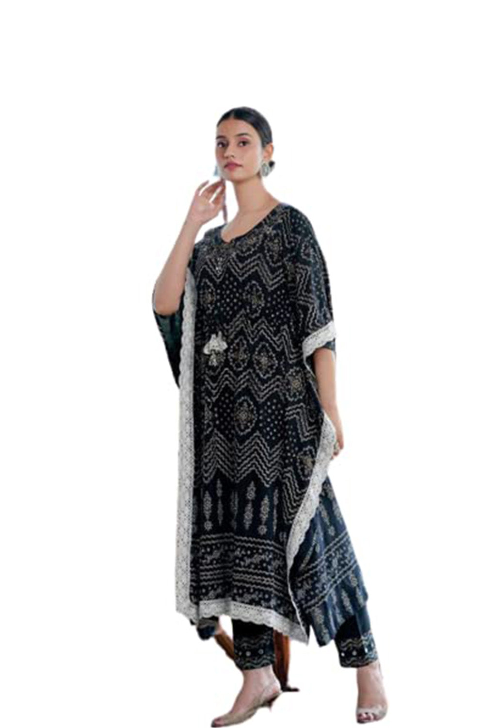 Printed Knee-Length Kaftan Set with Fitted Pants, Black