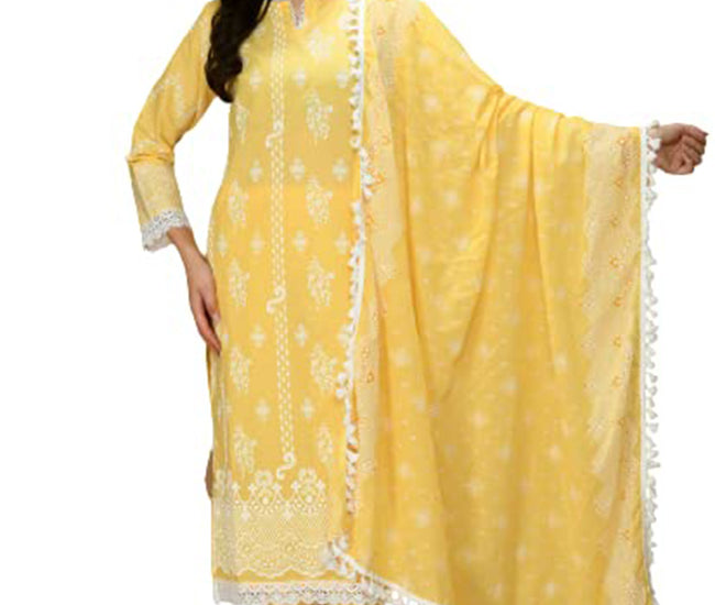 Straight Embroidered Shifli Organic Cotton Kurta Pant and Dupatta Set Marigold Yellow