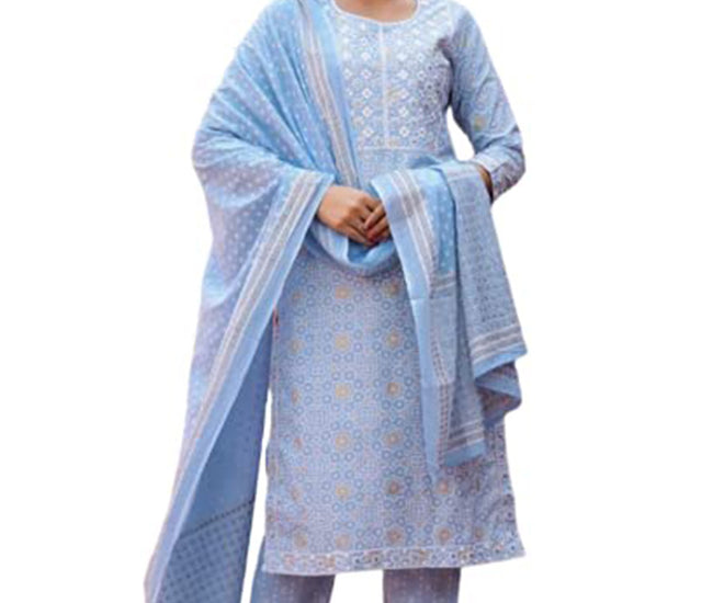 Embroidered Organic Kurta Set with Printed Cotton Dupatta & Pants