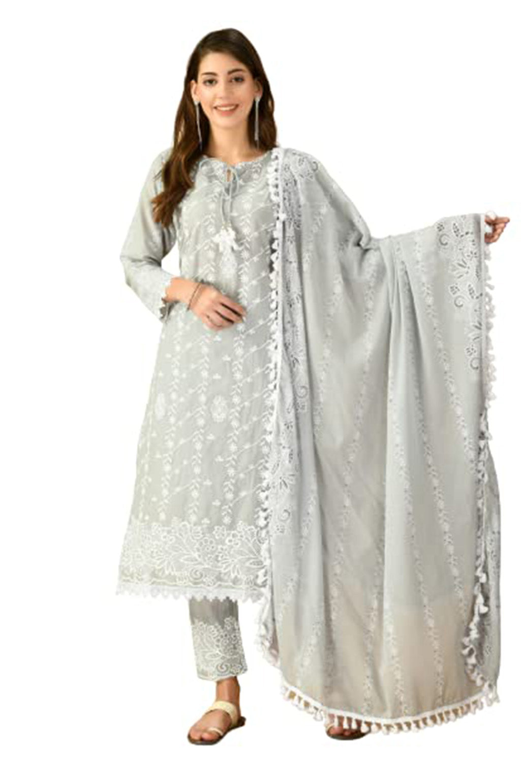 Lucknowi Organic Embroided Pure Cotton Kurta Set with Pant & Dupatta