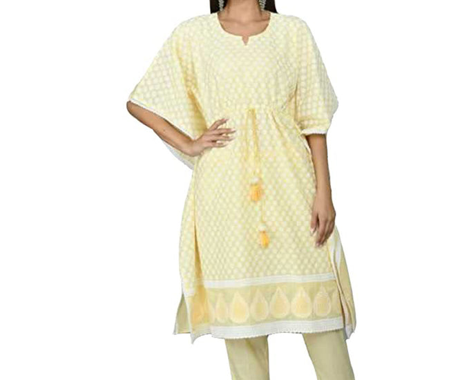 Women's Graphic Print Cotton Silk Kaftan Kurti, Color- Yellow
