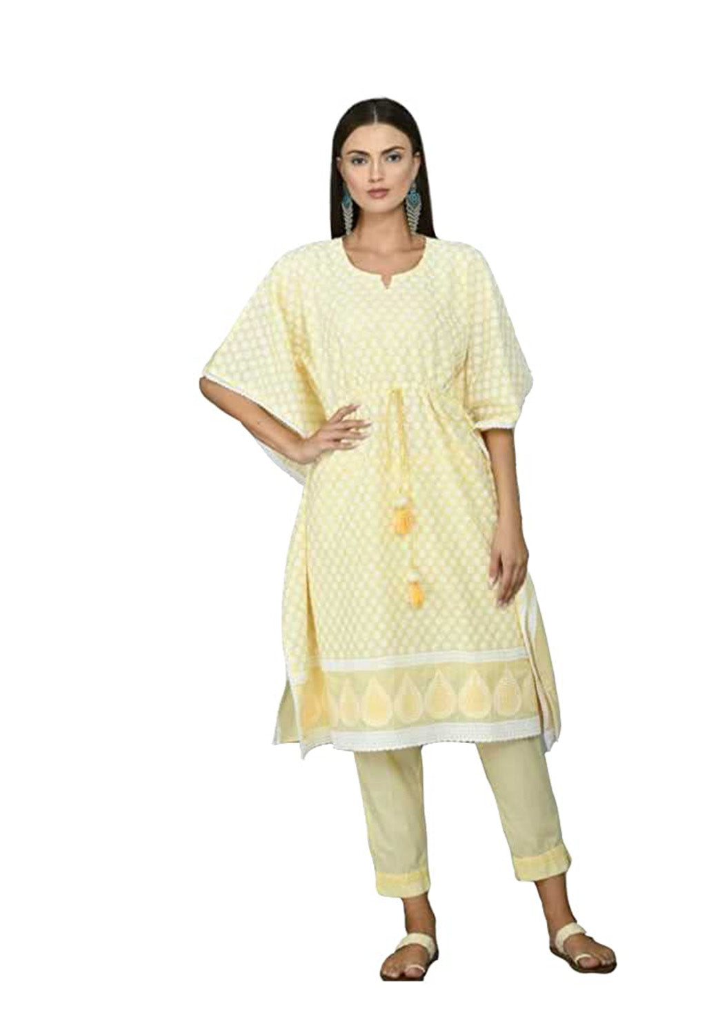 Women's Graphic Print Cotton Silk Kaftan Kurti, Color- Yellow