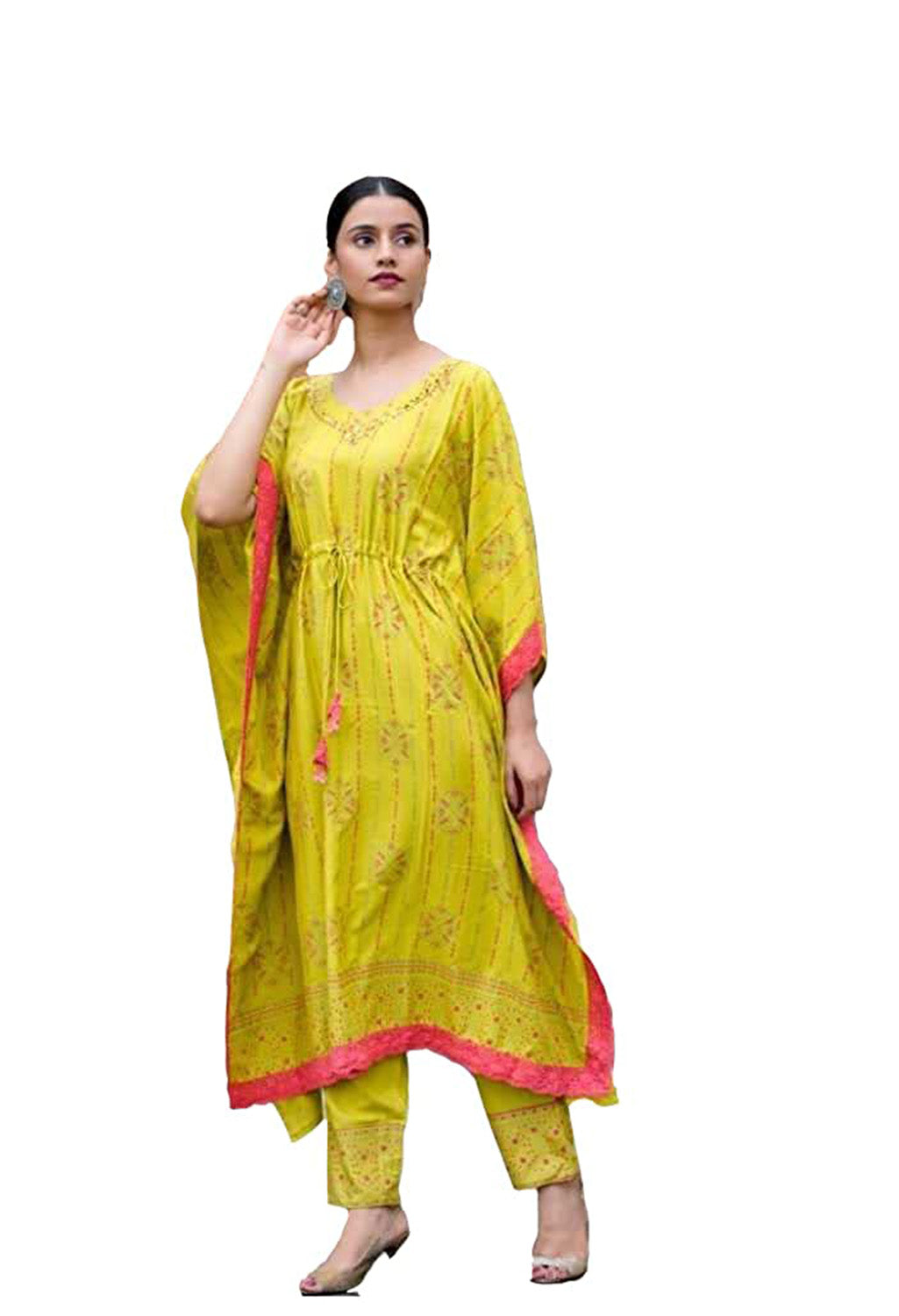 Graphic Printed Cotton Silk Women Kaftan Set - Yellow