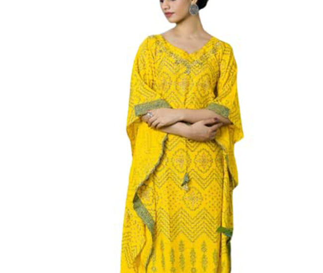Printed Cotton Blend Women Kaftan Set Yellow