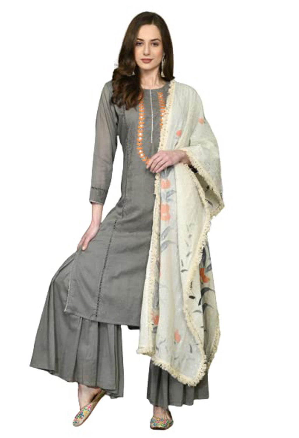 Hand Embroidery Kurta Palazzo Set Grey