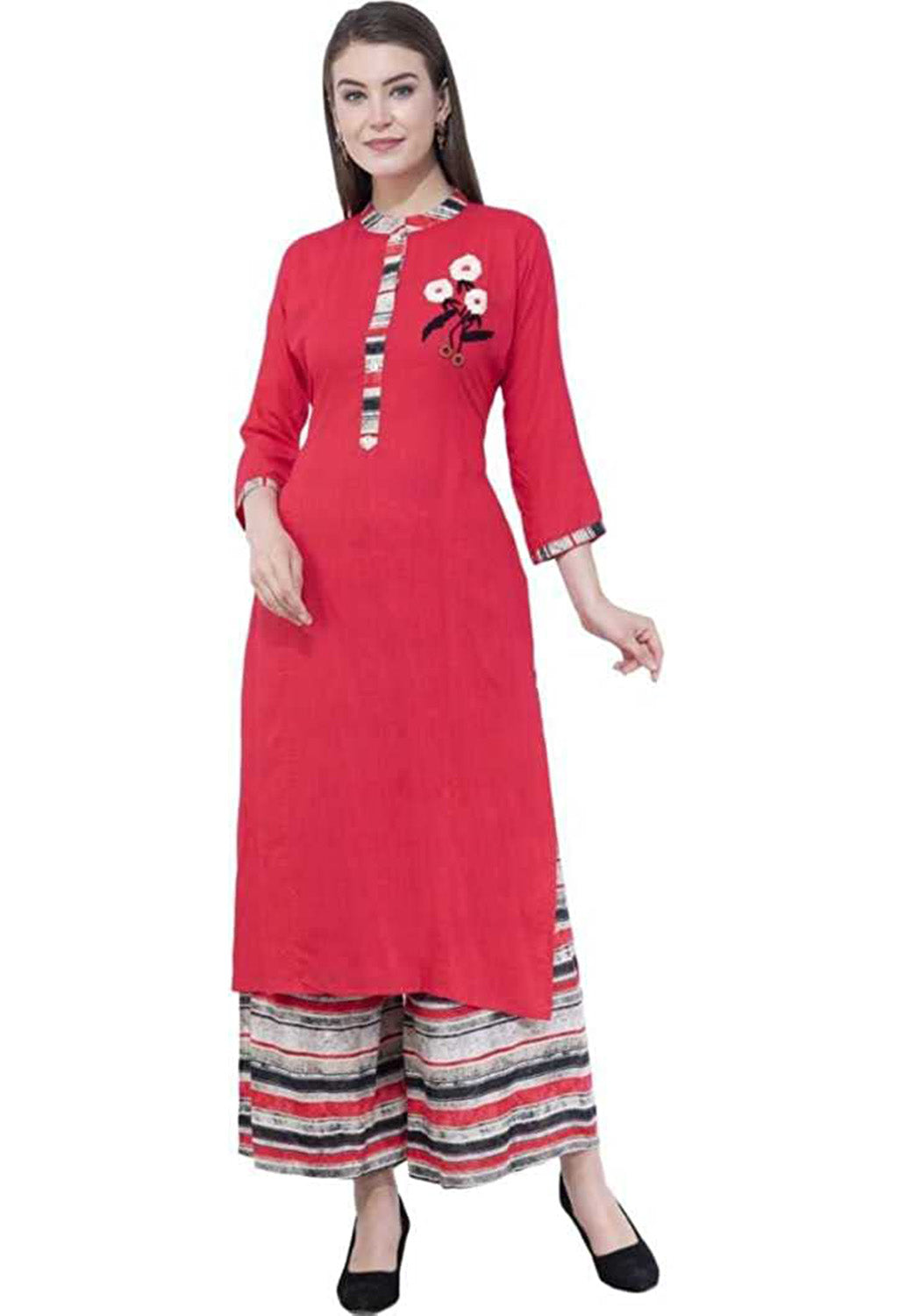 Women's Kurta and Palazzo Set Cotton Blend Color- Red