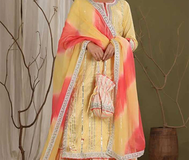 Women's Graphic Print Kurta, Churidar & Dupatta Set, Color- Yelllow