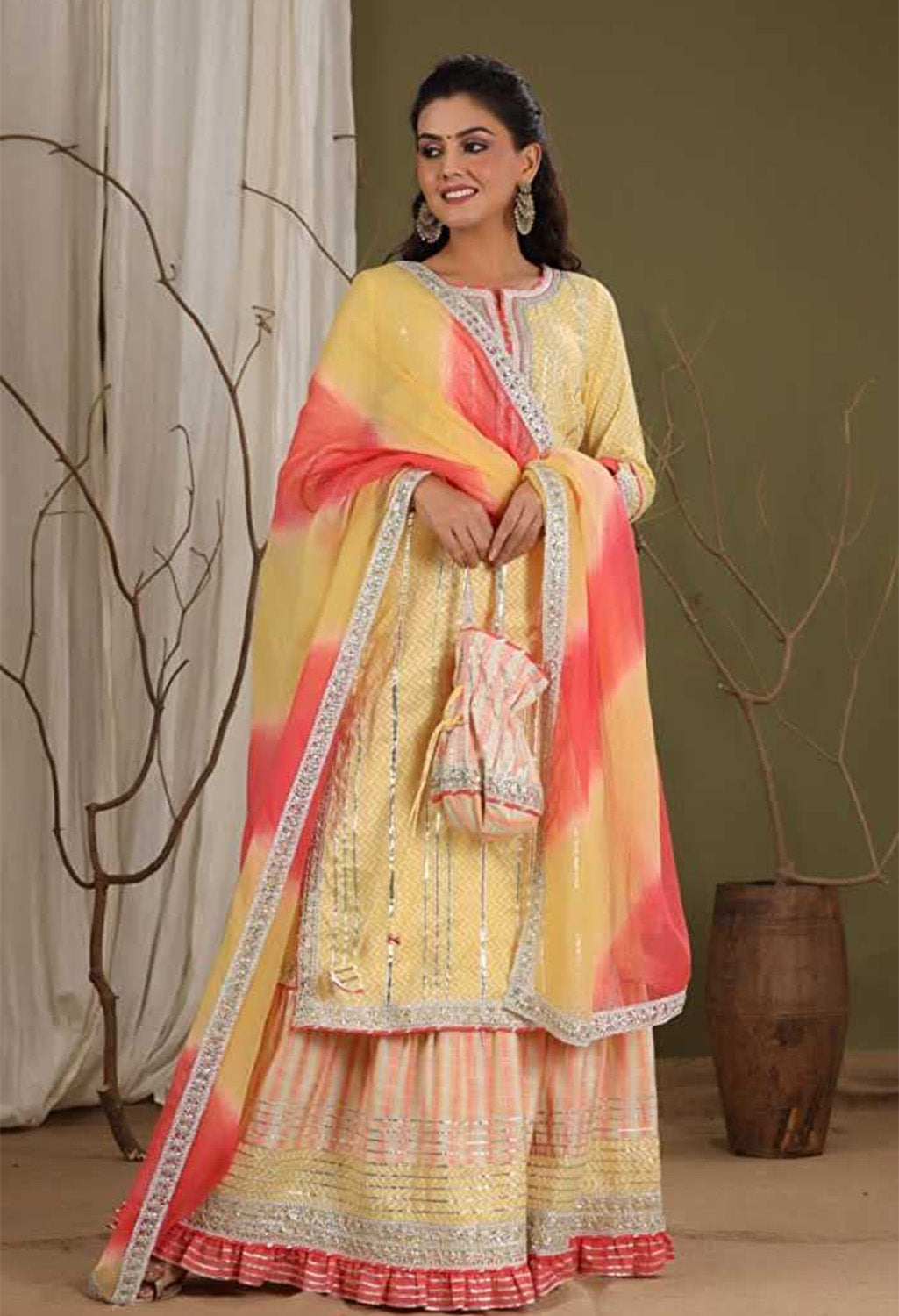 Women's Graphic Print Kurta, Churidar & Dupatta Set, Color- Yelllow