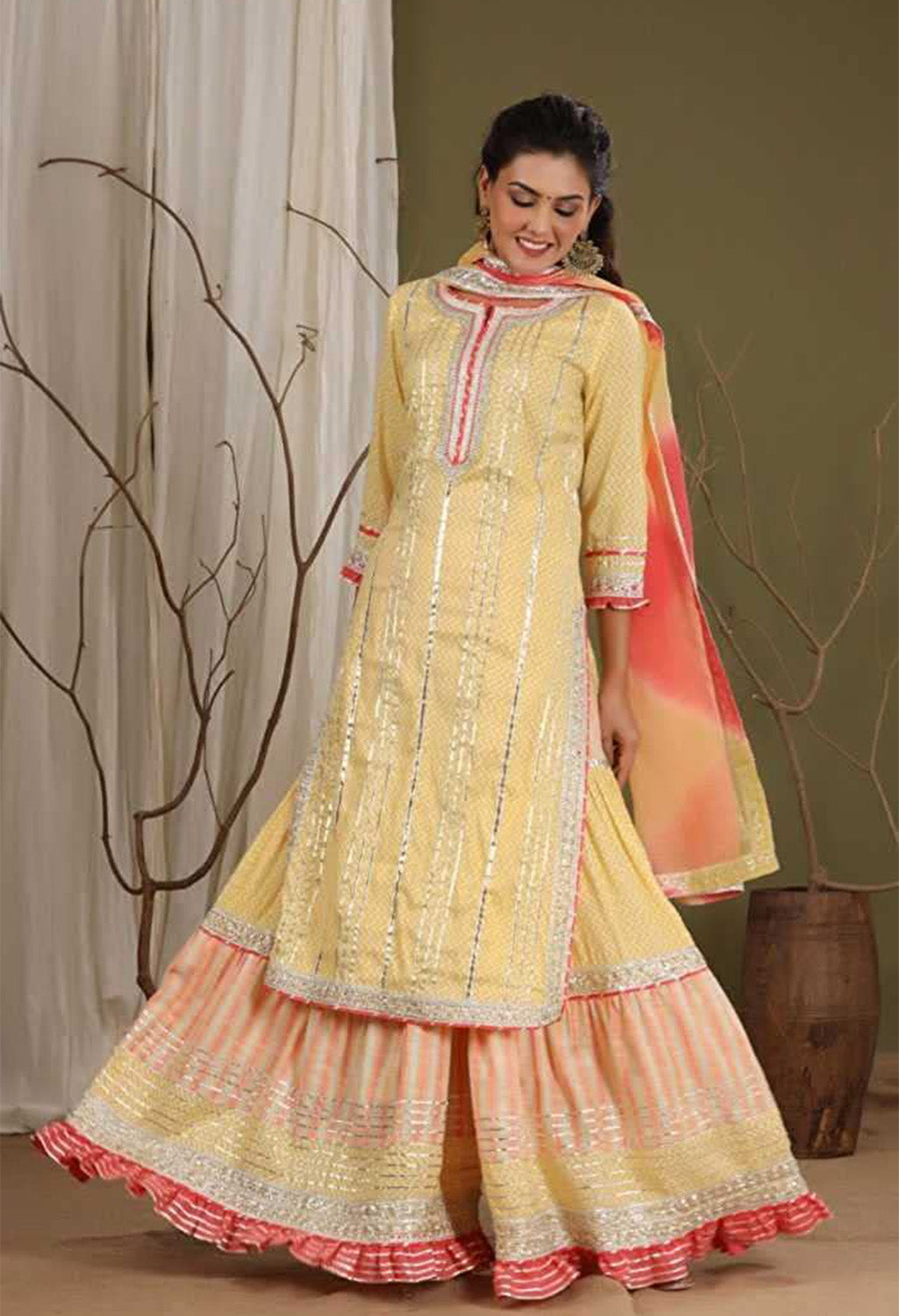 Women's Graphic Print Kurta, Churidar & Dupatta Set, Color- Yelllow