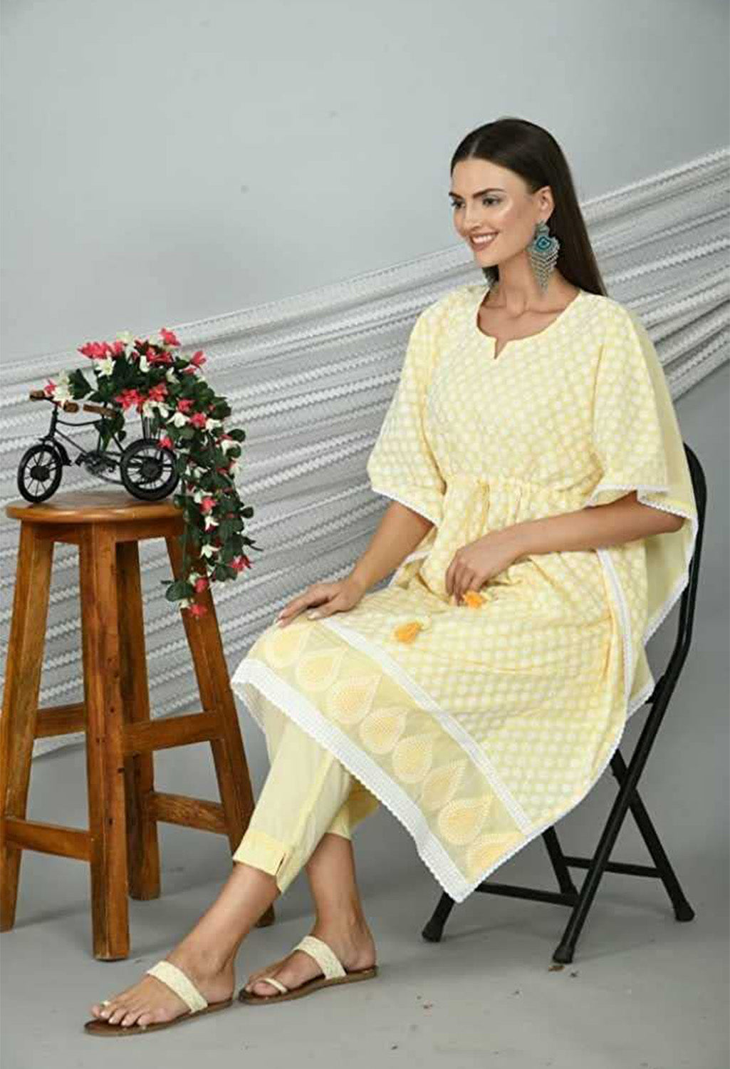 Women's Graphic Print Cotton Silk Kaftan Kurti, Color- Yellow