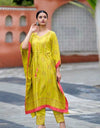 Graphic Printed Cotton Silk Women Kaftan Set - Yellow