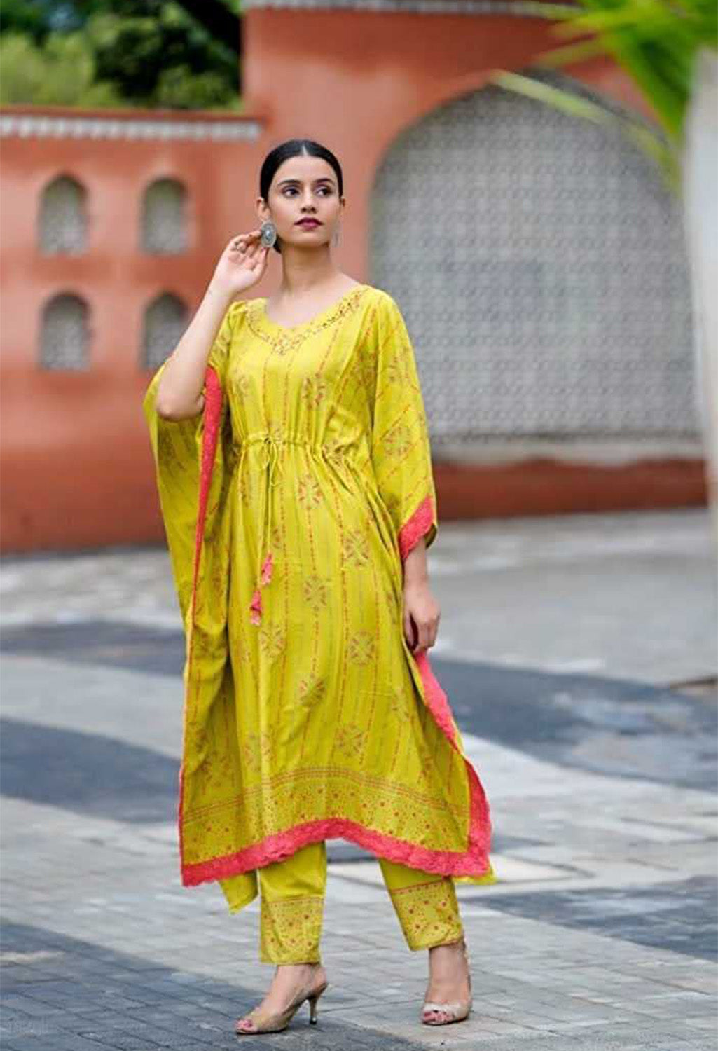 Graphic Printed Cotton Silk Women Kaftan Set - Yellow