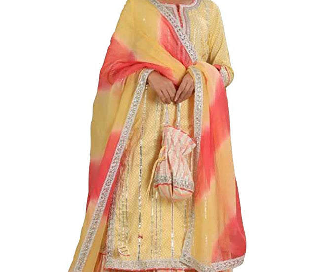 Women's Graphic Print Kurta, Churidar & Dupatta Set, Color- Yelllow