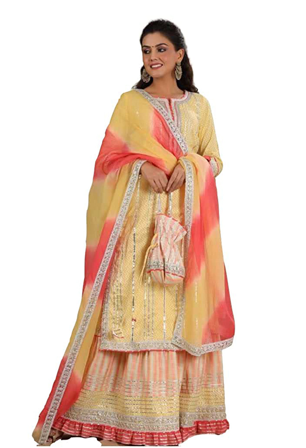 Women's Graphic Print Kurta, Churidar & Dupatta Set, Color- Yelllow