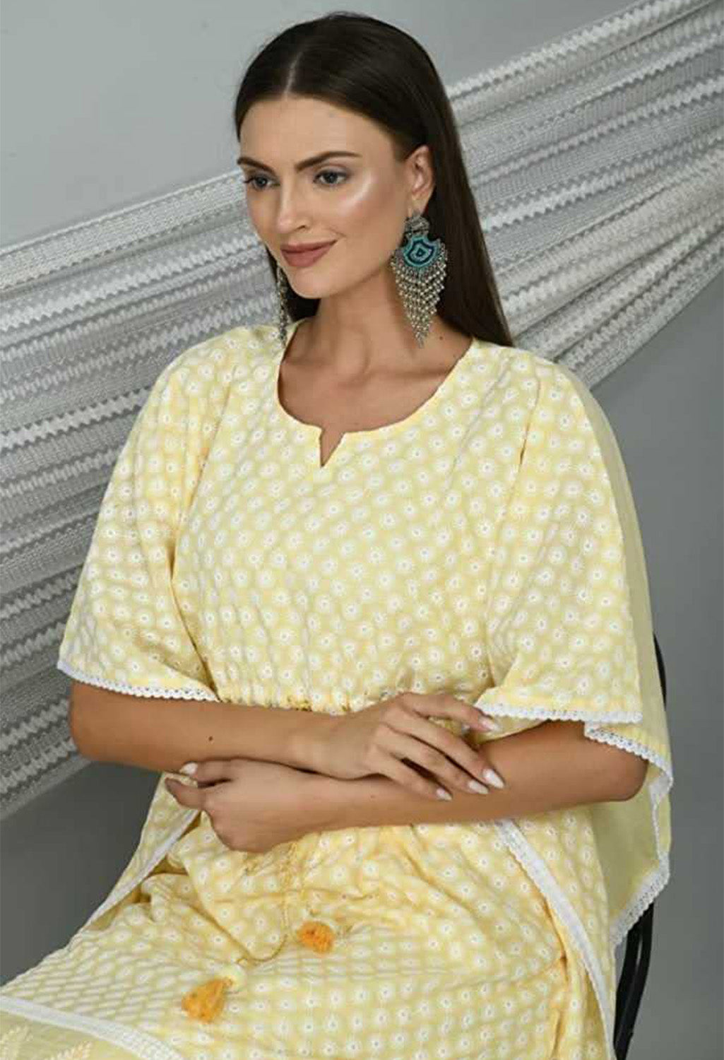 Women's Graphic Print Cotton Silk Kaftan Kurti, Color- Yellow