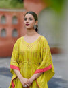 Graphic Printed Cotton Silk Women Kaftan Set - Yellow