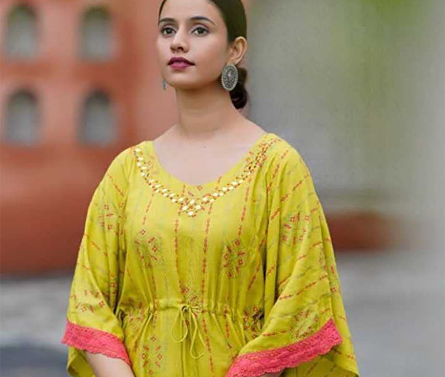 Graphic Printed Cotton Silk Women Kaftan Set - Yellow