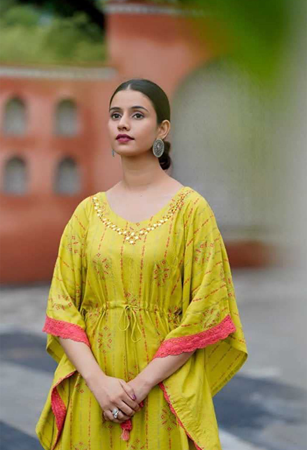 Graphic Printed Cotton Silk Women Kaftan Set - Yellow