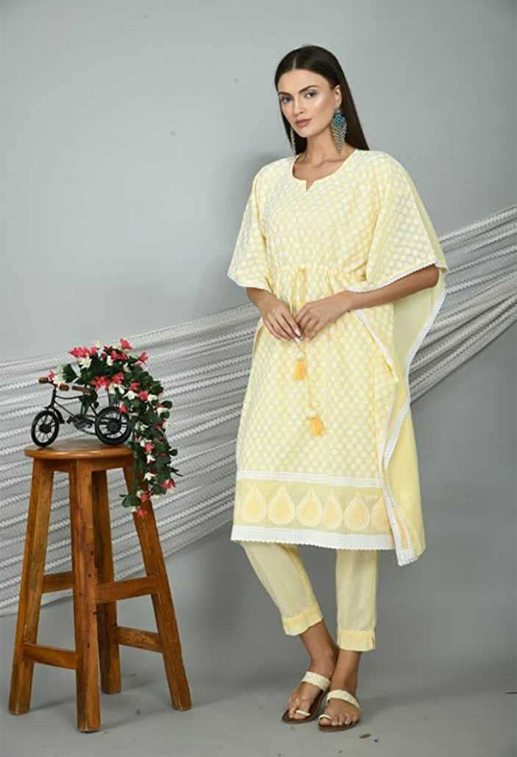 Women's Graphic Print Cotton Silk Kaftan Kurti, Color- Yellow