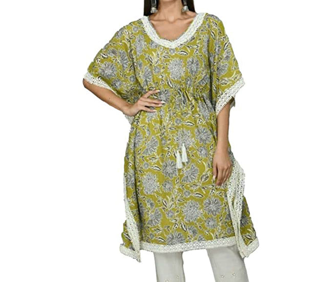 Women's Olive Green Printed Knee Length Kaftan Set with Fitted Pants
