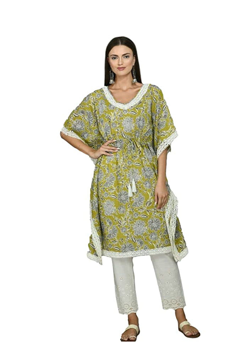 Women's Olive Green Printed Knee Length Kaftan Set with Fitted Pants