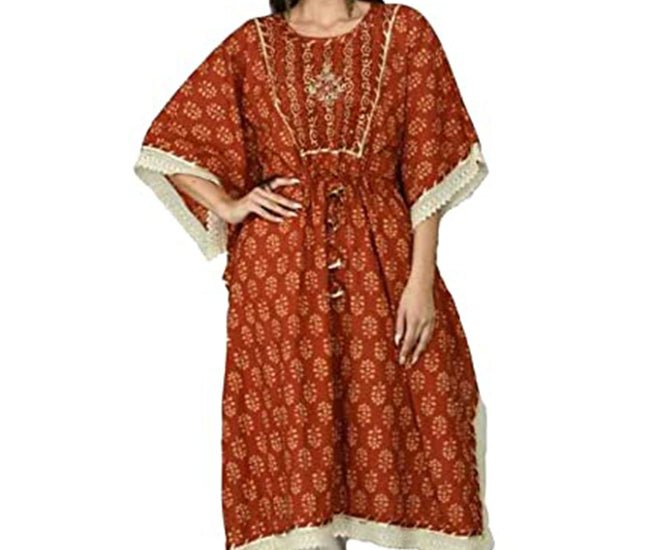Graphic Print Cotton Silk Women Kaftan, Red