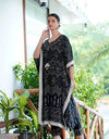 Printed Knee-Length Kaftan Set with Fitted Pants, Black